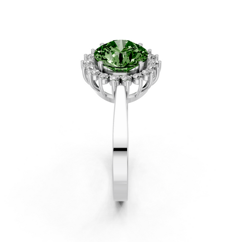 Silver Fancy Green Round  Cut Diamond Halo Ring with Round Brilliant Halo and Solitaire Band