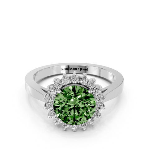 White gold Fancy Green Round  Cut Diamond Halo Ring with Round Brilliant Halo and Solitaire Band
