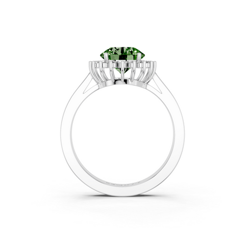 White gold Fancy Green Round  Cut Diamond Pavé Band Solitaire Ring with Four-Prong Setting