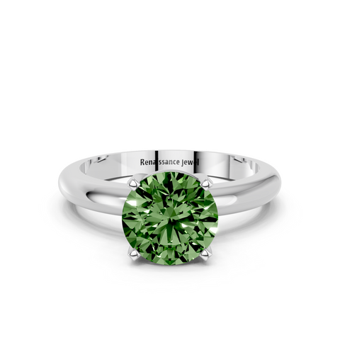 Platinum Fancy Green Round  Cut Solitaire Engagement Ring with Round Band and Four-Prong Setting