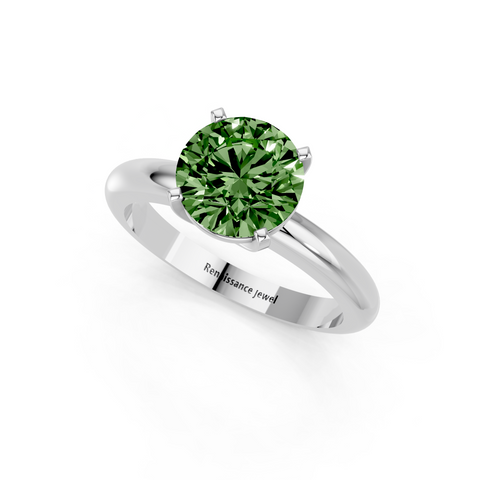 White gold Fancy Green Round  Cut Solitaire Engagement Ring with Round Band and Four-Prong Setting