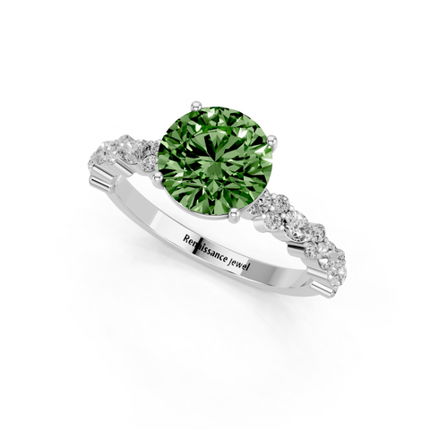 Silver Fancy Green Round  Solitaire with Side Stones, Pave Band, Four-Prong Setting