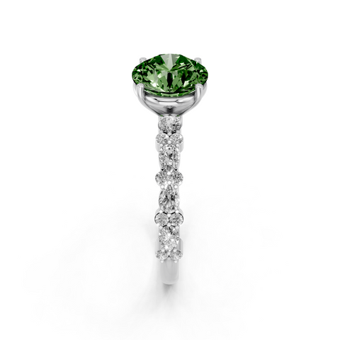 Platinum Fancy Green Round  Solitaire with Side Stones, Pave Band, Four-Prong Setting