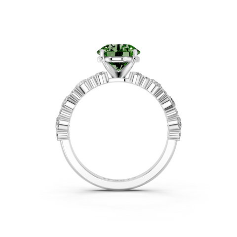 Platinum Fancy Green Round  Solitaire with Side Stones, Pave Band, Four-Prong Setting