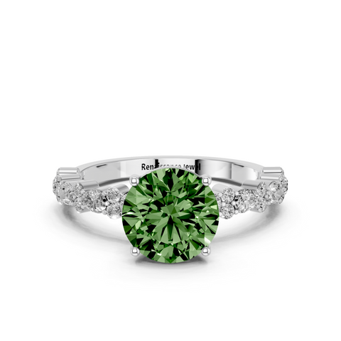 Silver Fancy Green Round  Solitaire with Side Stones, Pave Band, Four-Prong Setting