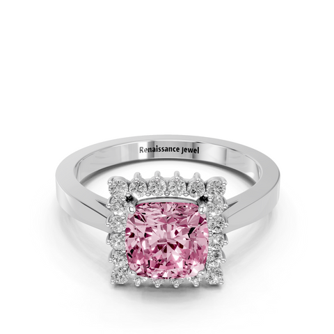 White gold Fancy Pink Cushion  Cut Diamond Halo Ring with Round Brilliant Halo and Solitaire Band