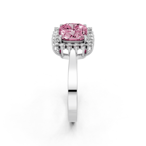 Silver Fancy Pink Cushion  Cut Diamond Pavé Band Solitaire Ring with Four-Prong Setting