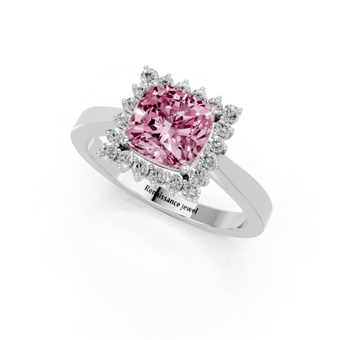 White gold Fancy Pink Cushion  Cut Diamond Pavé Band Solitaire Ring with Four-Prong Setting