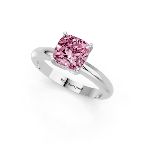 White gold Fancy Pink Cushion  Cut Solitaire Engagement Ring with Round Band and Four-Prong Setting