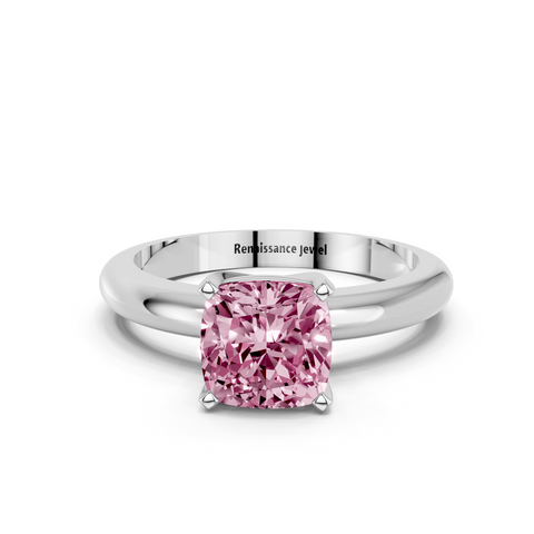 White gold Fancy Pink Cushion  Cut Solitaire Engagement Ring with Round Band and Four-Prong Setting