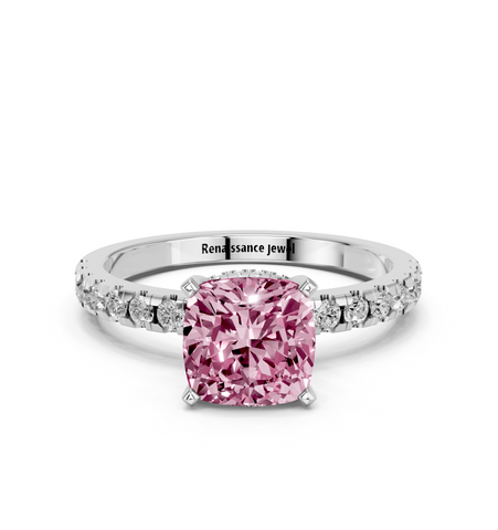 White gold Fancy Pink Cushion  Solitaire Diamond Pavé Band with Four-Prong Setting