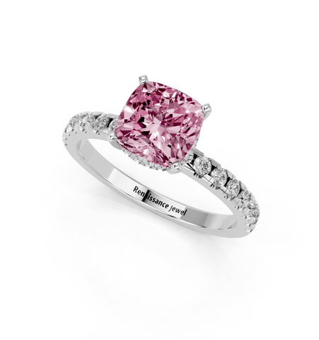 Platinum Fancy Pink Cushion  Solitaire Diamond Pavé Band with Four-Prong Setting