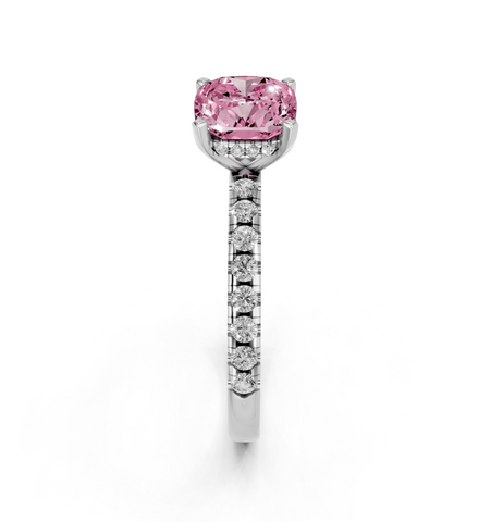 White gold Fancy Pink Cushion  Solitaire Diamond Pavé Band with Four-Prong Setting