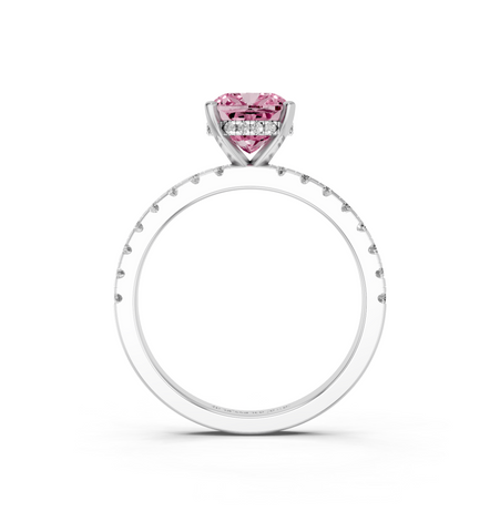 White gold Fancy Pink Cushion  Solitaire Diamond Pavé Band with Four-Prong Setting