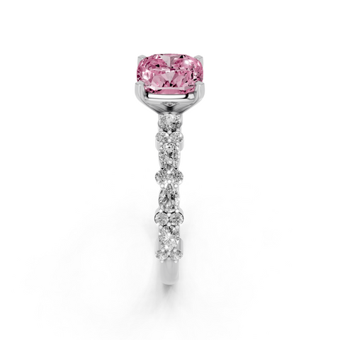 Platinum Fancy Pink Cushion  Solitaire with Side Stones, Pave Band, Four-Prong Setting