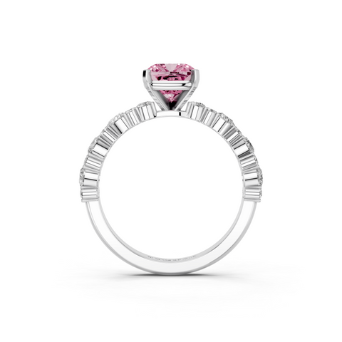 Platinum Fancy Pink Cushion  Solitaire with Side Stones, Pave Band, Four-Prong Setting