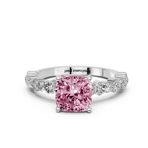 Silver Fancy Pink Cushion  Solitaire with Side Stones, Pave Band, Four-Prong Setting