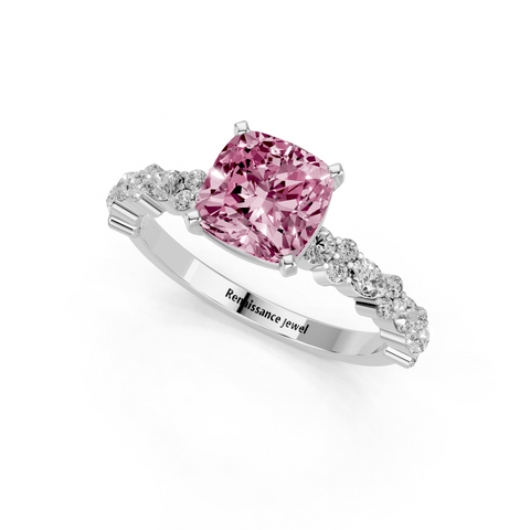 Platinum Fancy Pink Cushion  Solitaire with Side Stones, Pave Band, Four-Prong Setting