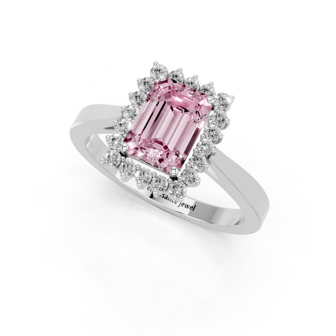 White gold Fancy Pink Emerald  Cut Diamond Halo Ring with Round Brilliant Halo and Solitaire Band