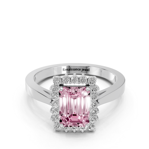 White gold Fancy Pink Emerald  Cut Diamond Halo Ring with Round Brilliant Halo and Solitaire Band