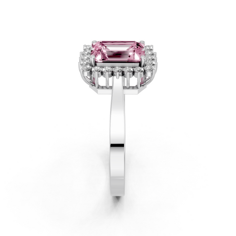 Silver Fancy Pink Emerald  Cut Diamond Pavé Band Solitaire Ring with Four-Prong Setting