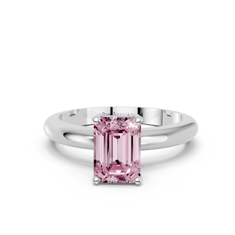 White gold Fancy Pink Emerald  Cut Solitaire Engagement Ring with Round Band and Four-Prong Setting