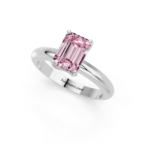 Silver Fancy Pink Emerald  Cut Solitaire Engagement Ring with Round Band and Four-Prong Setting