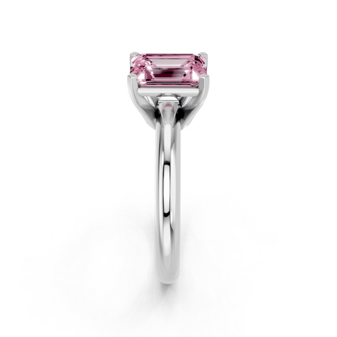 White gold Fancy Pink Emerald  Cut Solitaire Engagement Ring with Round Band and Four-Prong Setting