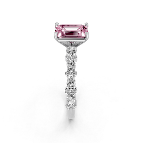White gold Fancy Pink Emerald  Solitaire with Side Stones, Pave Band, Four-Prong Setting