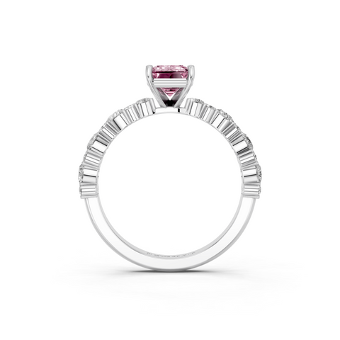 Silver Fancy Pink Emerald  Solitaire with Side Stones, Pave Band, Four-Prong Setting