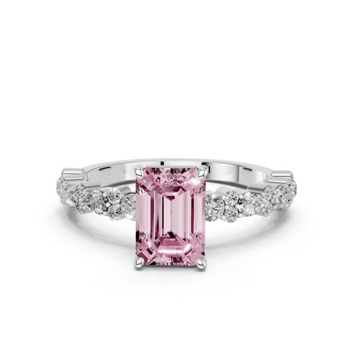 Silver Fancy Pink Emerald  Solitaire with Side Stones, Pave Band, Four-Prong Setting