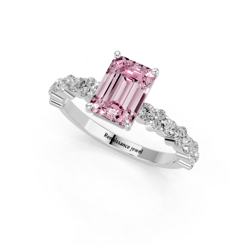 Platinum Fancy Pink Emerald  Solitaire with Side Stones, Pave Band, Four-Prong Setting