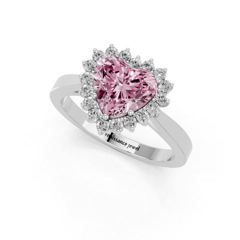 Silver Fancy Pink Heart  Cut Diamond Halo Ring with Round Brilliant Halo and Solitaire Band