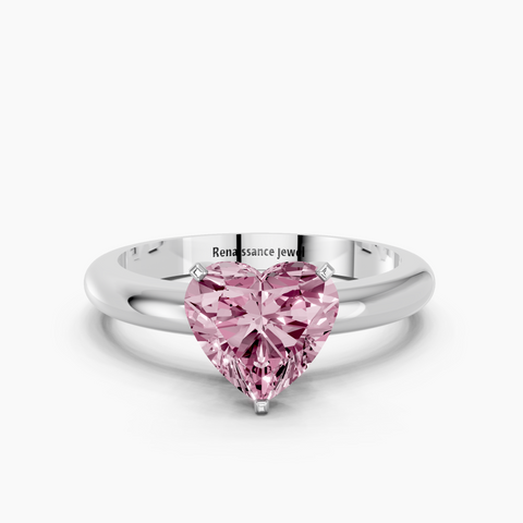 Silver Fancy Pink Heart  Cut Solitaire Engagement Ring with Round Band and Four-Prong Setting