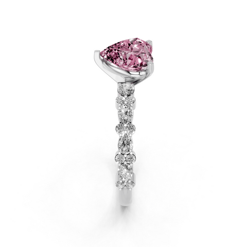 Silver Fancy Pink Heart  Solitaire with Side Stones, Pave Band, Four-Prong Setting