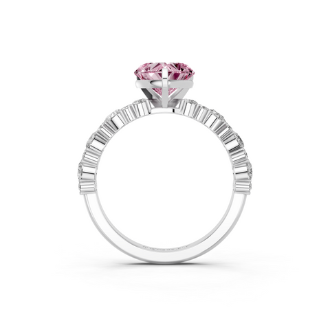 Silver Fancy Pink Heart  Solitaire with Side Stones, Pave Band, Four-Prong Setting