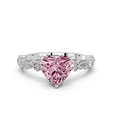 Platinum Fancy Pink Heart  Solitaire with Side Stones, Pave Band, Four-Prong Setting