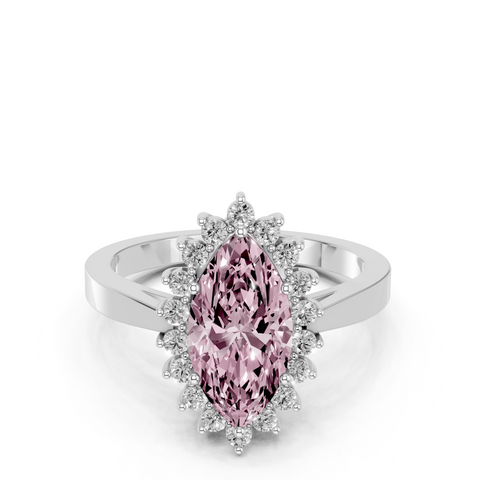 White gold Fancy Pink Marquise  Cut Diamond Halo Ring with Round Brilliant Halo and Solitaire Band