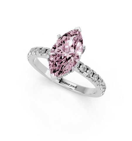 White gold Fancy Pink Marquise  Solitaire Diamond Pavé Band with Four-Prong Setting