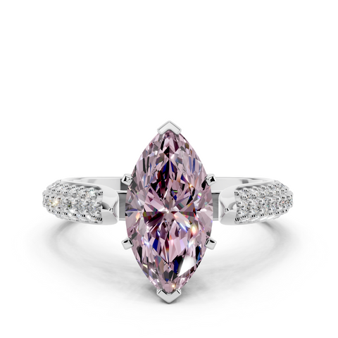 Silver Fancy Pink Marquise  Solitaire Pavé Diamond Engagement Ring with Four-Prong Setting