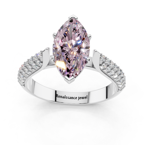 White gold Fancy Pink Marquise  Solitaire Pavé Diamond Engagement Ring with Four-Prong Setting