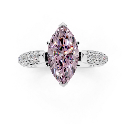 Silver Fancy Pink Marquise  Solitaire Pavé Diamond Engagement Ring with Four-Prong Setting