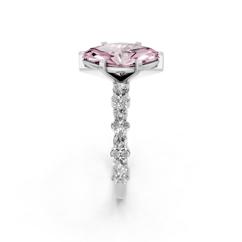 Silver Fancy Pink Marquise  Solitaire with Side Stones, Pave Band, Four-Prong Setting