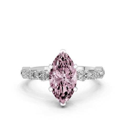 Silver Fancy Pink Marquise  Solitaire with Side Stones, Pave Band, Four-Prong Setting