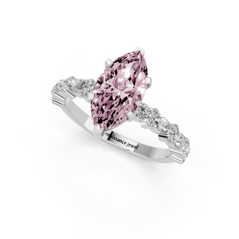 Silver Fancy Pink Marquise  Solitaire with Side Stones, Pave Band, Four-Prong Setting