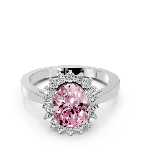 Platinum Fancy Pink Oval  Cut Diamond Halo Ring with Round Brilliant Halo and Solitaire Band
