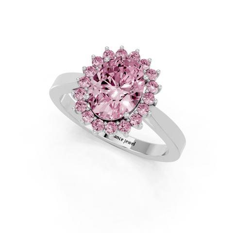 Silver Fancy Pink Oval  Cut Diamond Pavé Band Solitaire Ring with Four-Prong Setting