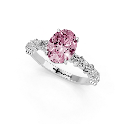 Platinum Fancy Pink Oval  Solitaire with Side Stones, Pave Band, Four-Prong Setting