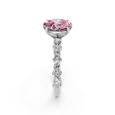 White gold Fancy Pink Oval  Solitaire with Side Stones, Pave Band, Four-Prong Setting