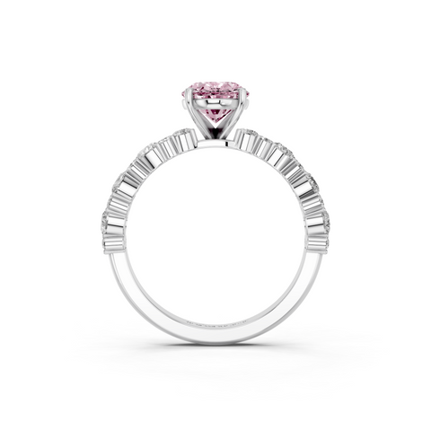 Platinum Fancy Pink Oval  Solitaire with Side Stones, Pave Band, Four-Prong Setting